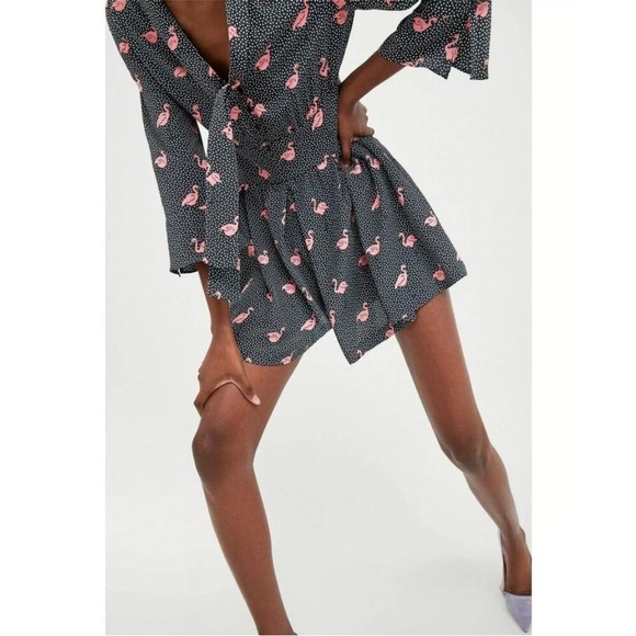 Zara Black Pink Swan Pleated Romper with Pockets Size Medium - Picture 4 of 13